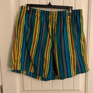 R & Y SPORT men’s Lg swim trunks, circus,‎ stripes, teals, yellow, red , & brown